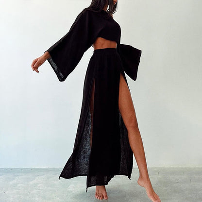 Women’s Casual Cotton Linen Side Slit Two-Piece Set