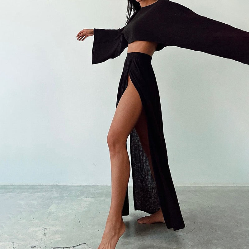 Women’s Casual Cotton Linen Side Slit Two-Piece Set