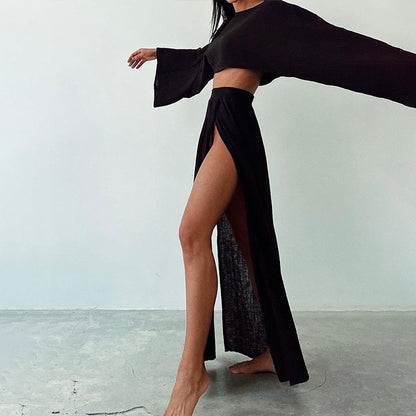 Women’s Casual Cotton Linen Side Slit Two-Piece Set