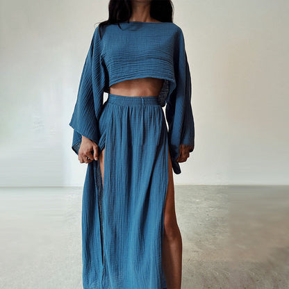 Women’s Casual Cotton Linen Side Slit Two-Piece Set