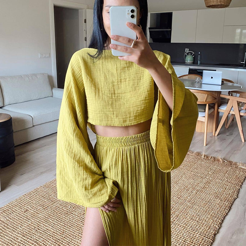 Women’s Casual Cotton Linen Side Slit Two-Piece Set
