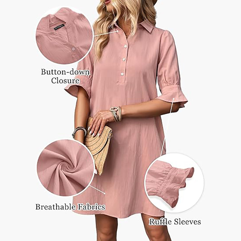 Women's Elegant Shirt Dress with Ruffle Sleeves