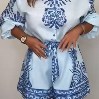 Patterned Tie Waist Button Up Two-Piece Shorts Set