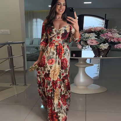 🌹HOT SALE 50% OFF🌹Women's V-Neck Floral Printed Pleated Dress