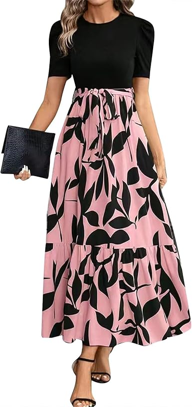Women's Summer Dress High Waist Short Sleeve Round Neck Floral