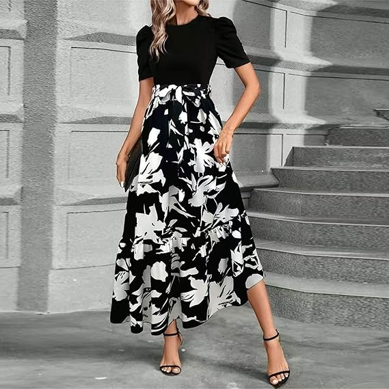 Women's Summer Dress High Waist Short Sleeve Round Neck Floral
