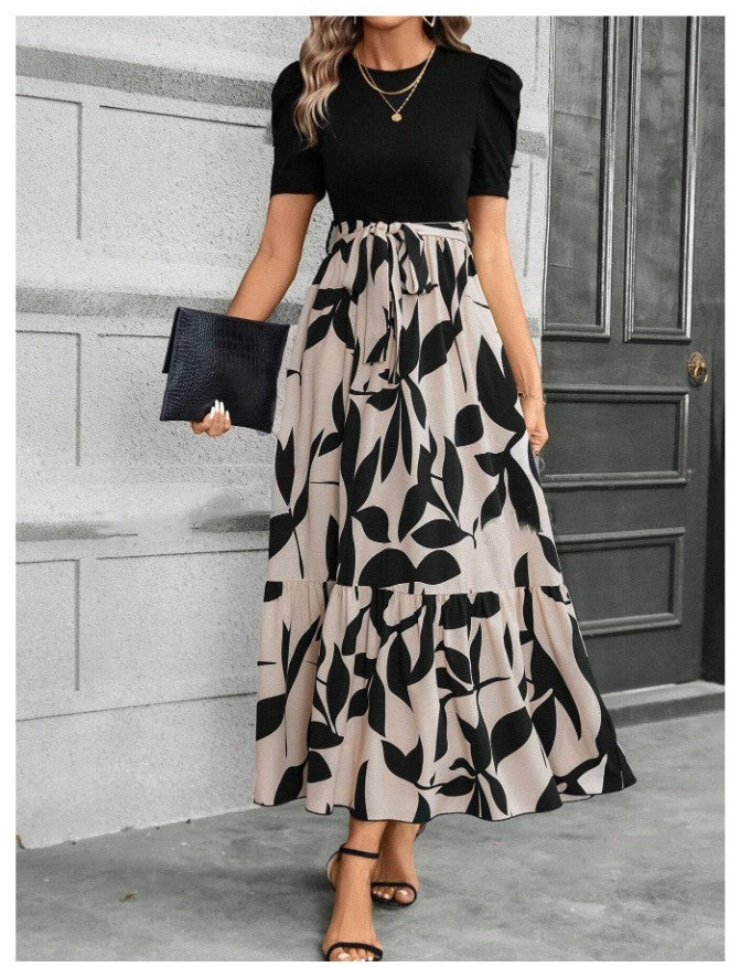 Women's Summer Dress High Waist Short Sleeve Round Neck Floral