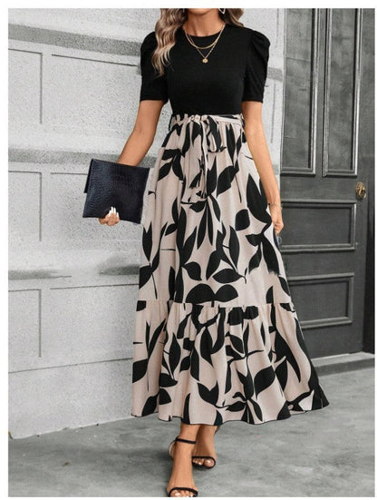 Women's Summer Dress High Waist Short Sleeve Round Neck Floral