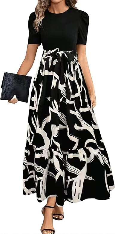 Women's Summer Dress High Waist Short Sleeve Round Neck Floral