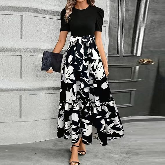 Women's Summer Dress High Waist Short Sleeve Round Neck Floral