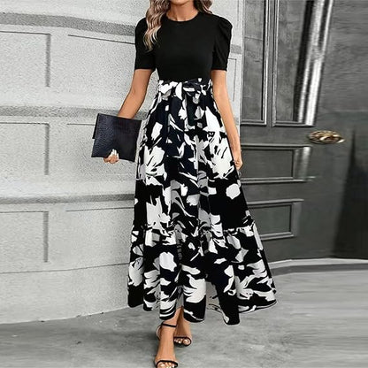 Women's Summer Dress High Waist Short Sleeve Round Neck Floral