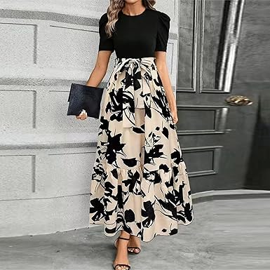 Women's Summer Dress High Waist Short Sleeve Round Neck Floral