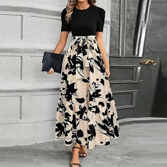 Women's Summer Dress High Waist Short Sleeve Round Neck Floral