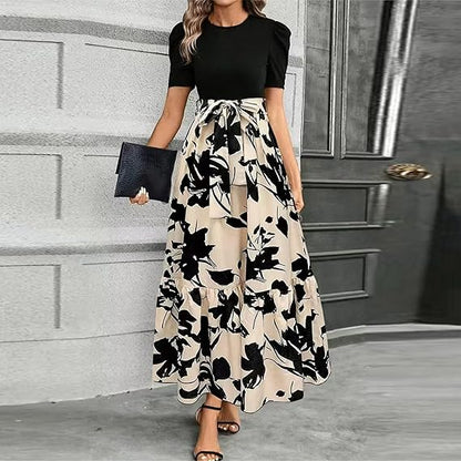 Women's Summer Dress High Waist Short Sleeve Round Neck Floral