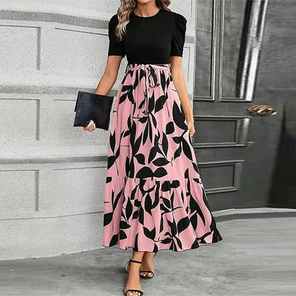Women's Summer Dress High Waist Short Sleeve Round Neck Floral