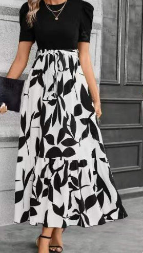 Women's Summer Dress High Waist Short Sleeve Round Neck Floral
