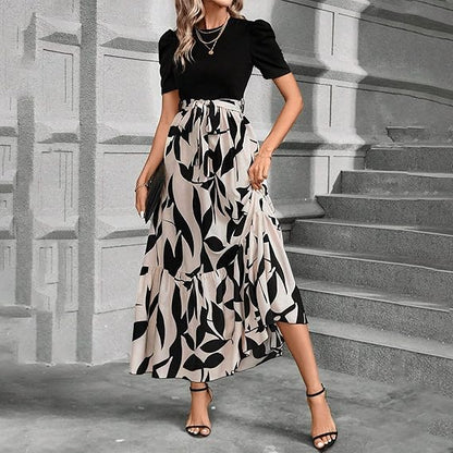 Women's Summer Dress High Waist Short Sleeve Round Neck Floral