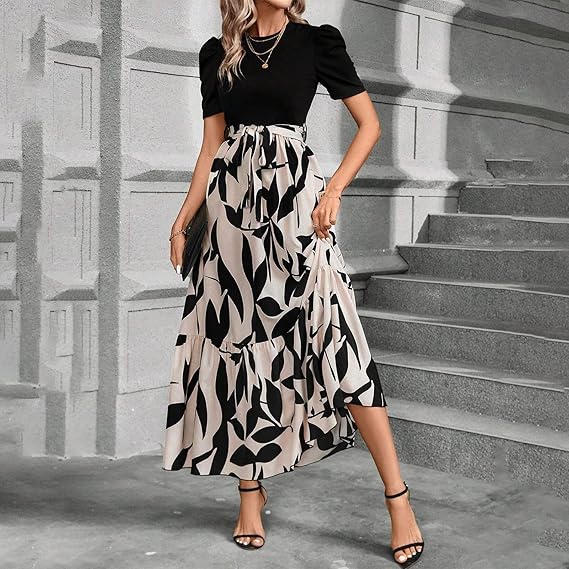 Women's Summer Dress High Waist Short Sleeve Round Neck Floral