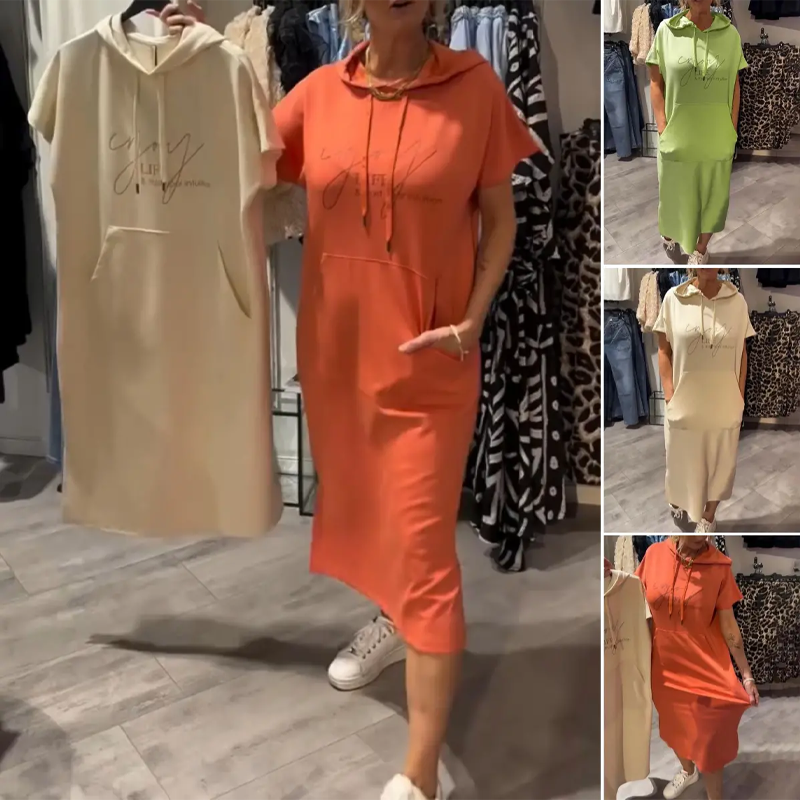 🎁2026 New Arrivals 50% OFF💥Women’s Solid Short-Sleeve Hooded Long Dress💐