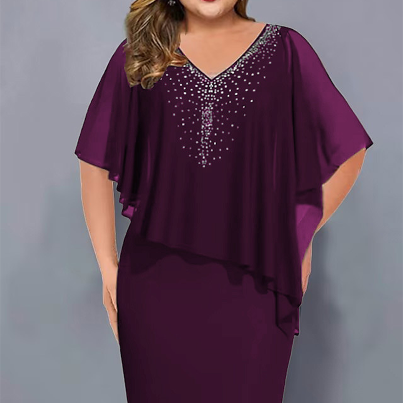 🌸2026 Summer Specials💐Rhinestone V-Neck Cape Dress with Chiffon Overlay