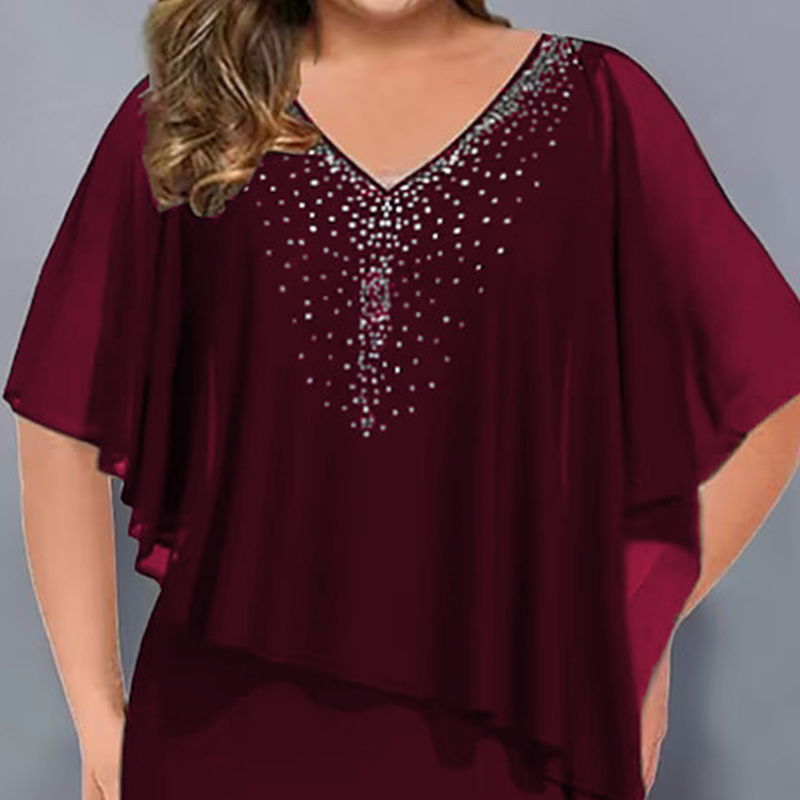 🌸2026 Summer Specials💐Rhinestone V-Neck Cape Dress with Chiffon Overlay