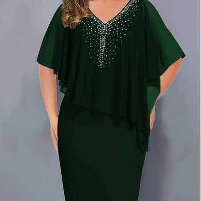 🌸2026 Summer Specials💐Rhinestone V-Neck Cape Dress with Chiffon Overlay