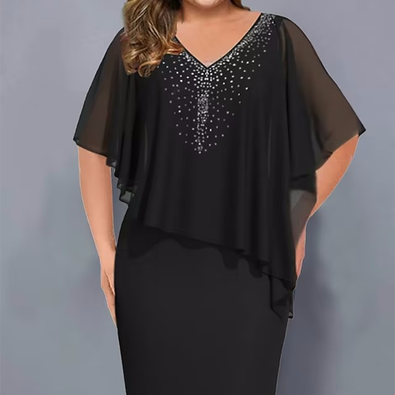🌸2026 Summer Specials💐Rhinestone V-Neck Cape Dress with Chiffon Overlay