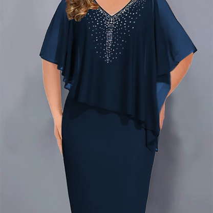 🌸2026 Summer Specials💐Rhinestone V-Neck Cape Dress with Chiffon Overlay