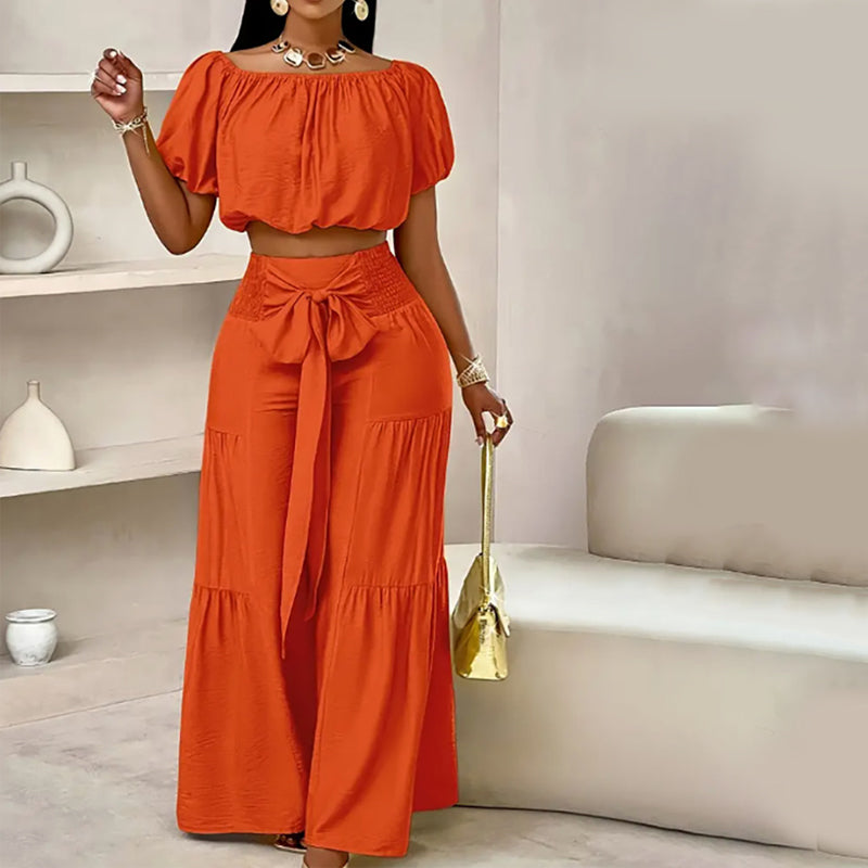 👚50% OFF NOW!🌸Off-Shoulder Puff Sleeve Top & Wide-Leg Pants 2-Piece Set – Elegant, Comfortable & Perfect for Summer Days ☀️