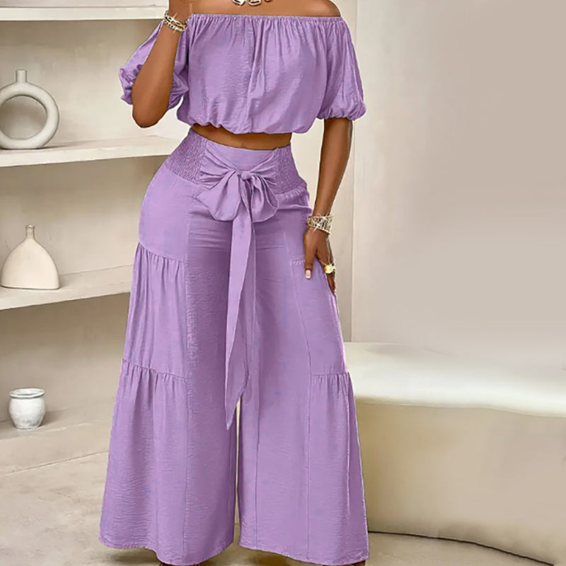 👚50% OFF NOW!🌸Off-Shoulder Puff Sleeve Top & Wide-Leg Pants 2-Piece Set – Elegant, Comfortable & Perfect for Summer Days ☀️