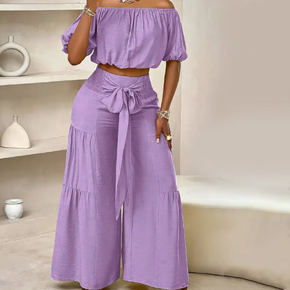 👚50% OFF NOW!🌸Off-Shoulder Puff Sleeve Top & Wide-Leg Pants 2-Piece Set – Elegant, Comfortable & Perfect for Summer Days ☀️