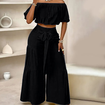 👚50% OFF NOW!🌸Off-Shoulder Puff Sleeve Top & Wide-Leg Pants 2-Piece Set – Elegant, Comfortable & Perfect for Summer Days ☀️