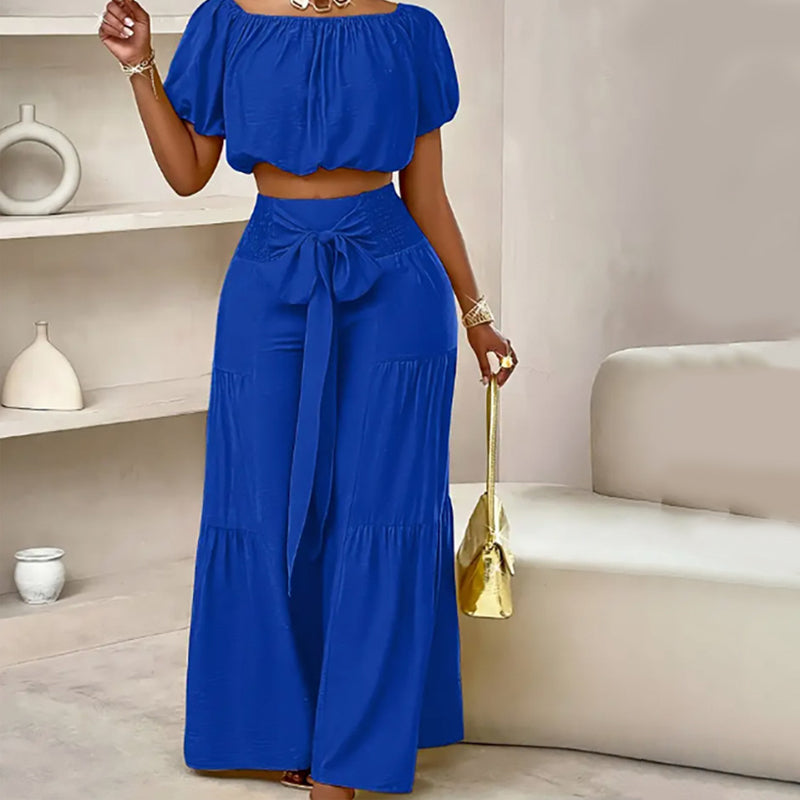 👚50% OFF NOW!🌸Off-Shoulder Puff Sleeve Top & Wide-Leg Pants 2-Piece Set – Elegant, Comfortable & Perfect for Summer Days ☀️