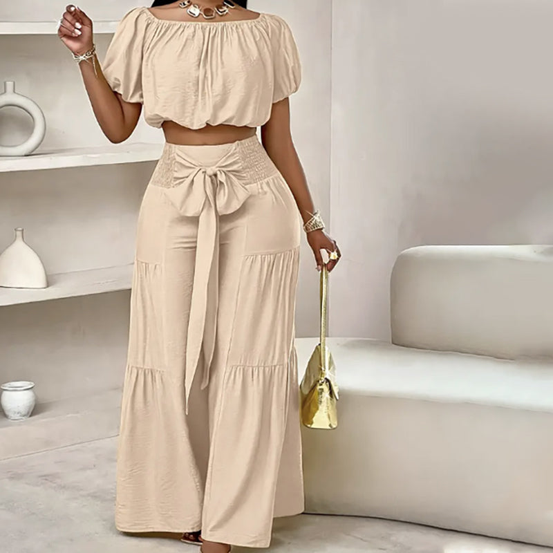 👚50% OFF NOW!🌸Off-Shoulder Puff Sleeve Top & Wide-Leg Pants 2-Piece Set – Elegant, Comfortable & Perfect for Summer Days ☀️
