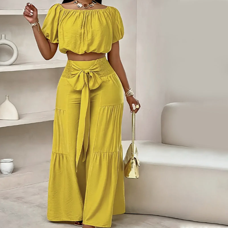 👚50% OFF NOW!🌸Off-Shoulder Puff Sleeve Top & Wide-Leg Pants 2-Piece Set – Elegant, Comfortable & Perfect for Summer Days ☀️
