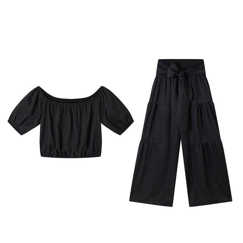 👚50% OFF NOW!🌸Off-Shoulder Puff Sleeve Top & Wide-Leg Pants 2-Piece Set – Elegant, Comfortable & Perfect for Summer Days ☀️
