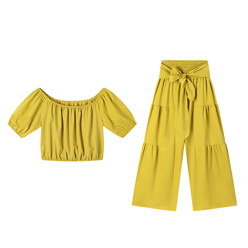 👚50% OFF NOW!🌸Off-Shoulder Puff Sleeve Top & Wide-Leg Pants 2-Piece Set – Elegant, Comfortable & Perfect for Summer Days ☀️