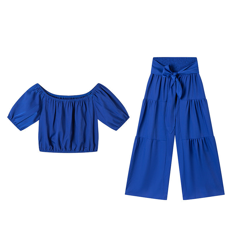 👚50% OFF NOW!🌸Off-Shoulder Puff Sleeve Top & Wide-Leg Pants 2-Piece Set – Elegant, Comfortable & Perfect for Summer Days ☀️