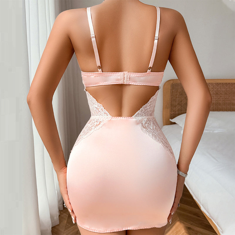 Sexy spaghetti strap lace dress with thong in two-piece set