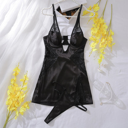 Sexy spaghetti strap lace dress with thong in two-piece set