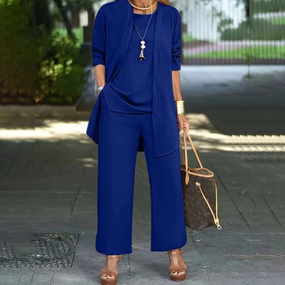🎁New arrival 50% OFF💥 Elegant Women's Relaxed Fit 3-Piece Set – Minimalist Wide-Leg Pants, Cardigan & Top in Luxe Stretch Fabric 🌟👚