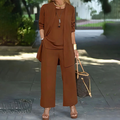 🎁New arrival 50% OFF💥 Elegant Women's Relaxed Fit 3-Piece Set – Minimalist Wide-Leg Pants, Cardigan & Top in Luxe Stretch Fabric 🌟👚
