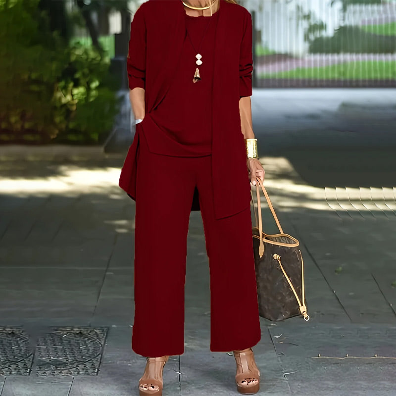 🎁New arrival 50% OFF💥 Elegant Women's Relaxed Fit 3-Piece Set – Minimalist Wide-Leg Pants, Cardigan & Top in Luxe Stretch Fabric 🌟👚