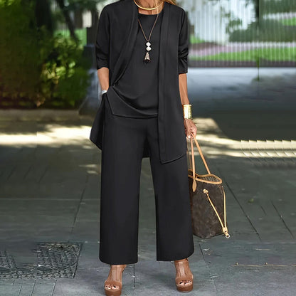 🎁New arrival 50% OFF💥 Elegant Women's Relaxed Fit 3-Piece Set – Minimalist Wide-Leg Pants, Cardigan & Top in Luxe Stretch Fabric 🌟👚