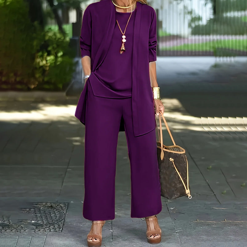 🎁New arrival 50% OFF💥 Elegant Women's Relaxed Fit 3-Piece Set – Minimalist Wide-Leg Pants, Cardigan & Top in Luxe Stretch Fabric 🌟👚