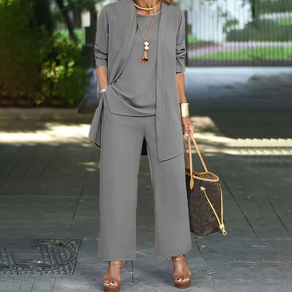 🎁New arrival 50% OFF💥 Elegant Women's Relaxed Fit 3-Piece Set – Minimalist Wide-Leg Pants, Cardigan & Top in Luxe Stretch Fabric 🌟👚