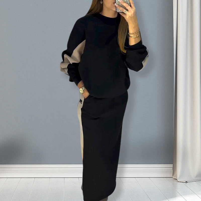 ❄️Loose Color Block Long Sleeve Top & Split Skirt Set