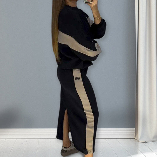 ❄️Loose Color Block Long Sleeve Top & Split Skirt Set