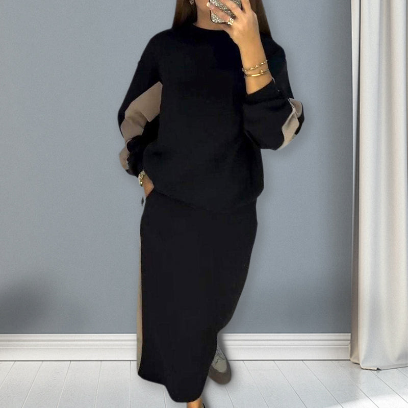 ❄️Loose Color Block Long Sleeve Top & Split Skirt Set