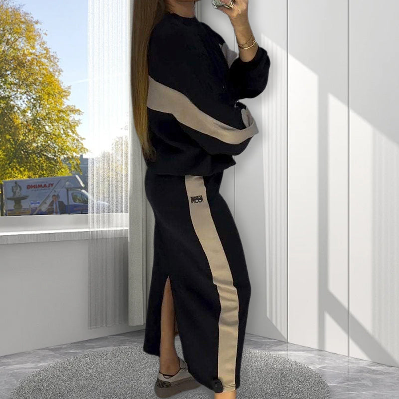 ❄️Loose Color Block Long Sleeve Top & Split Skirt Set